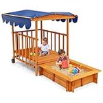 HONEY JOY 3 in 1 Kids Sandbox with Canopy, Wooden Cedar Bottomless Sand Pit Play Station w/Wheels, Guardrails & Cover, Portable Outdoor Sand Boxes for Kids Backyard