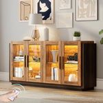 AMERLIFE Sideboard Buffet Cabinet, Mixed Color Accent Cabinet with LED Lights, Modern Glass Doors Storage Cabinet with Adjustable Shelf, Console Table for Dining, Living Room, Barnwood and Brown