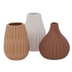 WHW Whole House Worlds Iconic Scandi Baby Vases, Set of 3, Fluted, Matte Finished Glaze, Color Soaked Brown, White and Tan, 5 Inches Tall, Modern Home Design