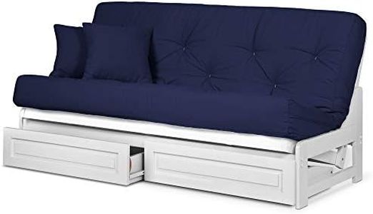 Nirvana Futons Arden White Futon with Storage Drawers Queen Size - Minimalist Armless Design with 8 Inch Comfortable Mattress (Twill Navy Blue), Sofa Bed Available in