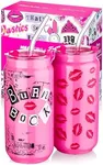 Dragon Glassware x Mean Girls Burn Book Drinking Glasses - 20 oz Glass Cups with Lids and Straws Set of 2 - Pink Iced Coffee Cups with Lids - Reusable Glass Tumbler with Straw and Lid