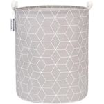 Sea Team 19.7 Inch Large Sized Waterproof Coating Ramie Cotton Fabric Folding Laundry Hamper Bucket Cylindric Burlap Canvas Storage Basket with Stylish Cube Grey Design