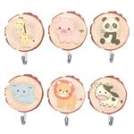 YunBey 6 Pcs Adhesive Sticky Hooks, Cute Cartoon Wooden Hook Heavy Duty Wall Hook, Self-Adhesive Children's Coat Hooks for Towel, Clothes, Key, Backpacks and Hats