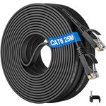 Ethernet Cable 25m Cat 6, Long Internet Cable 25m Outdoor Flat Network Cable High Speed RJ45 Gigabit LAN Cable Indoor, Black Patch Cord for Switch Router Xbox Modem TV Home Office