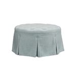 MARTHA STEWART Terri Upholstered Round Ottoman, Button Tufted Cocktail Footrest Chair with Pleated Skirt, Textured Circle Accent Furniture for Bedroom Décor, Blue