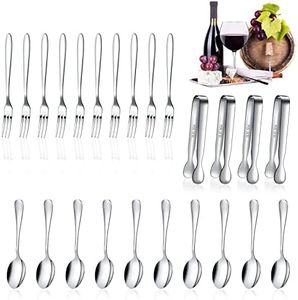24 Pieces Appetizer Spoons and Forks Cheese Spreader Knife Mini Tongs Stainless Steel 4.3 Inch Ice Tongs 5.11 Inch Dessert Spoons and 5.39 Inch Cocktail Forks for Party (Vivid Sharp Spoon)