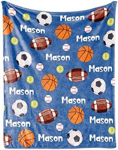 KAINSY Personalized Ball Blanket with NameforBoysCustom Name BlanketforKids BallSoft Flannel Ball Toddler Blanket CustomizedGiftforBirthday Christmas Baby Shower Newborn Gift 60in X 80in 6-balls-blue