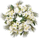 I-GURU Wreath for Front Door 22-24 Inch, Artificial Dahlia & Chrysanthemum Spring Summer White Flowers Green Leaves Wreaths for Holiday Farmhouse Home Outdoor Wedding Party Wall Windows Decor