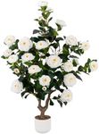 38" Tall Faux Artificial Plants Outdoor Camellia Trees Indoor Fake Tree Potted Plant Bushes with 32 White Blooming Flowers in Fashion Pot Home Decor Front Door Arboles Artificiales para Decoracion