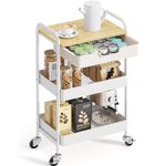 TOOLF 3-Tier Utility Rolling Cart with Wooden Board and Drawer, Metal Storage Cart with Handle, White Trolley Kitchen Organizer Rolling Desk with Locking Wheels for Office, Classroom, Home, Bedroom