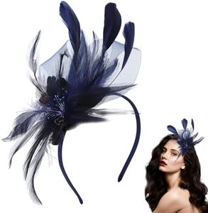 Prom Headband Retro Tea Party Fascinator Hat Headband Faux Flowers Feather Mesh Hair Accessories Wedding Parties for Girls and Women, navy, 1 stück (1er Pack)