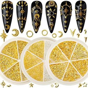 HNUIX 3D Nail Art Charms - Gold Star, Moon, Ring, Multiple Shape Gem, 3 Boxes, Metal Nail Decoration Studs