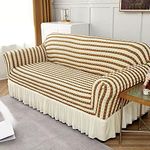 House of Quirk Turkish Bubble Frill 280 GSM Sofa Slipcovers, Durable Washable Universal Triple Seater High Elastic Furniture Protector (Beige Stripe, 185-230cm)