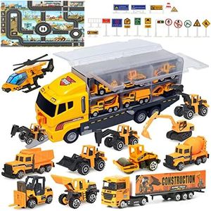 ZCOINS Construction Trucks 11 in 1 Vehicles with Car Met and Road Sign Sticker Car Toys for Over 3 Year Old Boys