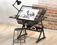 Landpink Glass Drafting Table Art Desk – Adjustable Professhional Artwork Drawing Desk, Glass-Topped Art Table for Craft Station Studio Home Office School w/Drawers/Chair – Black