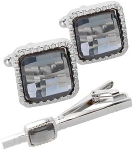 Vittorio Vico Square Colored Crystal Cufflinks & Tie Bar Set Charcoal/Silver (CS 057S)