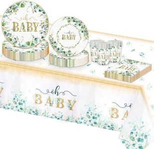 TOPWAYS Verde Salvia Baby Shower Carta Piatti Decorazione Set, Eucalyptus Carta Piatti Tazze Tovaglia Stoviglie per Baby Shower Decorazioni Ragazze Ragazzo Gender Reveal Party (16 Ospiti)