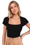 Stars and You Square Neck Cotton Rib Short Sleeves Crop Top (in, Alpha, L, Black)