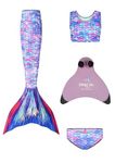 Planet Mermaid Kids Deluxe Set Vivid Colour Mermaid Tail Swimming Costume for Girls. Includes Swimming Aid Magic Pink Fin, Tail, Crop Top & Briefs. Starbright Princess, Age 8-9