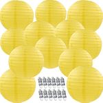 12pcs Yellow Paper Lanterns with 12pcs White LED Lights, 6" 8" 10" 12" Round Hanging Chinese/Japanese Ball Lantern for Easter Wedding Anniversary Birthday
