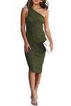 PRETTYGARDEN Women's Ruched Bodycon Dress One Shoulder Sleeveless Party Cocktail Midi Pencil Dresses (Army Green,Large)