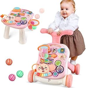 Trotteur 2 en 1 assis-debout pour bébé, chariot pour tout-petits, centre d'activités pédagogiques, plateau de jeu amovible, jouet d'apprentissage de la musique, cadeau pour garçons et filles,Rose