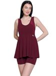 N-Gal Women Frock Style with Inner Short Padded One Piece Swimming Costume|Swimsuit for Women_Wine_XL