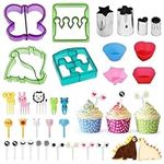 Sandwich Cutters Set for Kids, 32pcs Cookie Cutters for Children, Hearts Stars Flowers Vegetable Fruit Cutter Mold, Fruit Food Forks and Cake Trays, Kids Lunchbox Baking Accessory