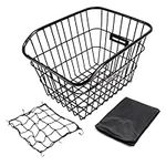 Flehomo Large Space Rear Bike Basket with Waterproof Bike Basket Liner and Adjustable Cargo Net, Metal Bicycle Basket Fits for Most Rear Mounted Bike Racks