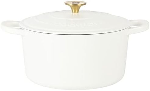 Crock Pot Artisan 6-Quart Round European Enameled Dutch Oven Pot With Lid - Matte Linen White w/Gold Knob