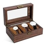 Uten Watch Box with 3 Slots, Watch Case with Real Glass Lid, Wood Grain PU Leather Watch Display Storage Box with Removable Imitation Suede Watch Pillows, Metal Clasp, Gift for Men and Women