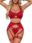 Garter Lingerie for Women,Sexy Strappy Lingerie,Matching 4 Piece Lace Lingerie Sets with Underwire