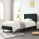 YUHUASHI Upholstered Platform Bed Frame/Twin Bed Frame/Modern Geometric Double-Wing Design Headboard/Flannel and Linen Fabric/Easy to Assemble No Noise(Ink Green, Twin)