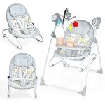 COSTWAY 2-in-1 Baby Swing, Electric Toddler Bouncer with 5 Swing Speed, 3 Timer and Built-in Music, Includes Remote Control & Removable Tray, Foldable Infants Rocker Suitable from Birth (Grey)