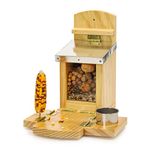 Plai Wooden Squirrel Feeder Box, Squirrel Food Feeder House with Corn Cob Holders and a Cup, Chipmunk Feeder Stations for Backyard and Garden Funny Gifts