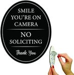 All Hung Up 4" x 5" Smile You're on Camera & No Soliciting Sign for House, 3M Self-Adhesive for Door,Window,Wall, Durable Quality Aluminum Metal Surface, Home,Business,Office, Thank You, Black