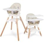 Baby High Chair, Convertible Wooden High Chairs for Babies and Toddlers, Baby HighChair with Dishwasher Safe Double Removable Tray, Adjustable Footrest & Machine Washable Cushion (Khaki)