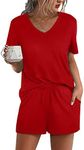 Aloodor Pajamas for Women Short Sleeve 2 Piece Outfits Nother's Day for Mom V Neck Lounge Sets Comfy Summer Red XL