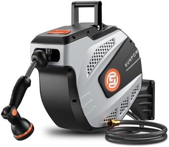 SUNPOW Retractable Garden Hose Reel - 1/2 inch x 115ft Wall Mounted Hose Reel with 3/4 inch Brass Fitting & 10 Function Sprayer Nozzle - Any Length Lock, Auto Rewind System, 180°Swivel Bracket- Grey