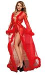 SKMODEL STYLISH Women Lace Gown Kimono Robe with Fur Sexy Cover Up Chemise Bride Bathrobe | See Through Sexy Lingerie Sexy Lace Robe Long See-Through Nightgown Skirt Women (Free Size) (XL, RED)