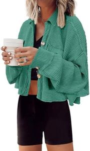 Panadila Womens Cropped Cardigan Waffle Knit Shacket Long Sleeve Button Down Shirt with Pockets Short Jacket Trendy(Turquoise Green,XL)