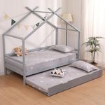 SlumberWorx Teddy Kids Wooden House Treehouse - Single Toddler Bed Frame with Comfort Foam Mattress - House Bed For Kids - Grey or White, 2 x 10cm Mattress