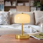 PORTRES Cordless Table Lamp Rechargeable Battery Operated Mushroom lamp Opal Glass Shade 3 Way Dimmable LED Touch Outdoor Lamp for Camping Bedroom Dining Living Room Beside Patio Restaurant,Gold