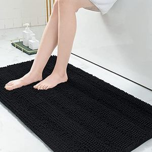 Grandaily Chenille Striped Bathroom Rugs 60x24, Extra Thick and Absorbent Bath Rugs, Non-Slip Soft Plush Shaggy Bath Carpet, Machine Wash Dry, Bath Mats for Bathroom, Black