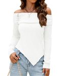 Bluetime Women Off Shoulder Sweater Tops Long Sleeve Asymmetrical Hem Ribbed Tops Slim Fit Pullover Sweater, White, X-Large