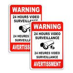 2 PС Video Surveillance Sign French - 7 x 10 Aluminum 24 Hour Surveillance Sign - Smile Your on Camera Signs - No Trespassing Sign - Security Signs