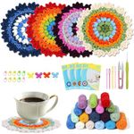 PATPAT® 4Pcs Floral Crochet Coaster Kit - DIY Crochet Starter Set for Beginners with Ergonomic Hooks, Vibrant Yarns, Needle & Step-by-Step Guide - Decorative & Functional Tea Coasters (Random Colors)