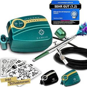 SAMIJO Airbrush Set mit Kompressor, leise, kompakt, vielseitig, Airbrush-Set für Einsteiger, inkl. [DIY SCHABLONEN] Dein Komplettset für Modellbau, Haut, Nails und vieles mehr, eisgrün