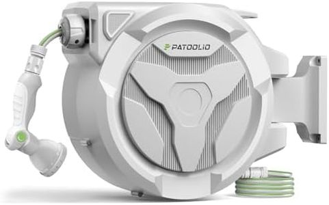 PATOOLIO 30+2m Wall-Mounted Automatic Retractable Garden Hose Reel, Ideal for Home Gardens,Outdoor Cleaning, Patios,Yards,180° Swivel, Self-Locking System,10 Spray Patterns,Car and Pet Washing,Grey