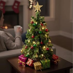 Prextex 23 Inch Tabletop Mini Christmas Tree Set with Warm-White LED Lights, Star Treetopper, Decorated Gift Boxes & Hanging Ornaments for Christmas Decorations, Table Top Christmas Tree with Lights